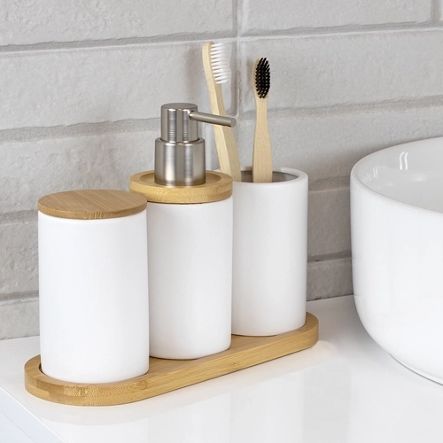 conjunto accesorios baño color blanco bambú