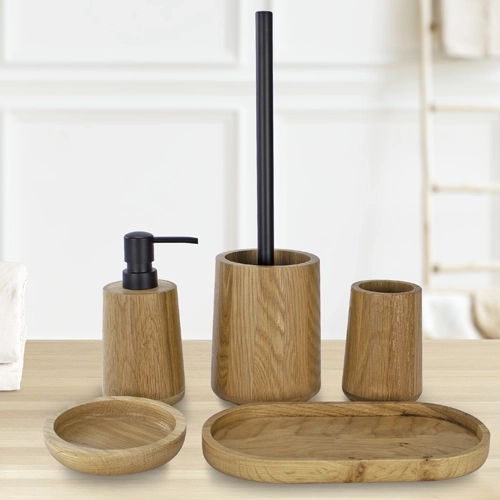 juego accesorios baño madera roble
